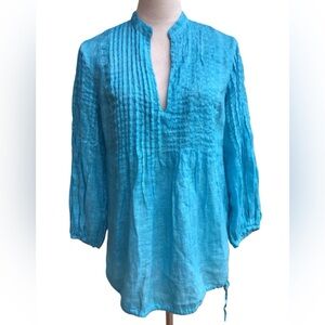 120% Lino Turquoise Blue Poet Blouse Size 42